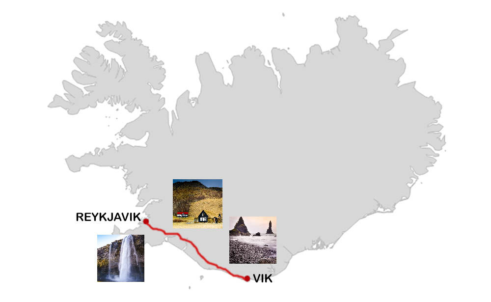 Karta över dagsutflykt från Reykjavik till Vik på Södra Island