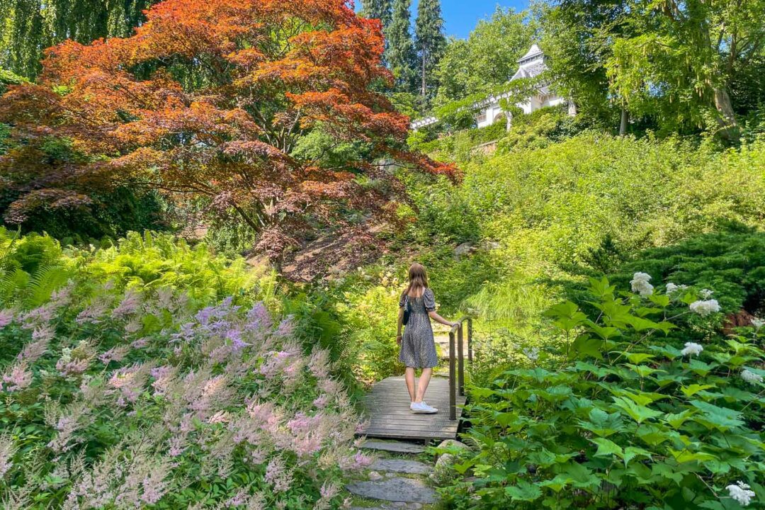 Kvinna i klänning på en bro i den japanska trädgården