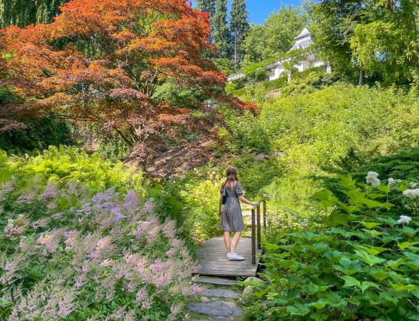 Kvinna i klänning på en bro i den japanska trädgården