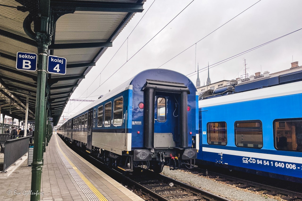 Två blå tåg på en station i Tjeckien