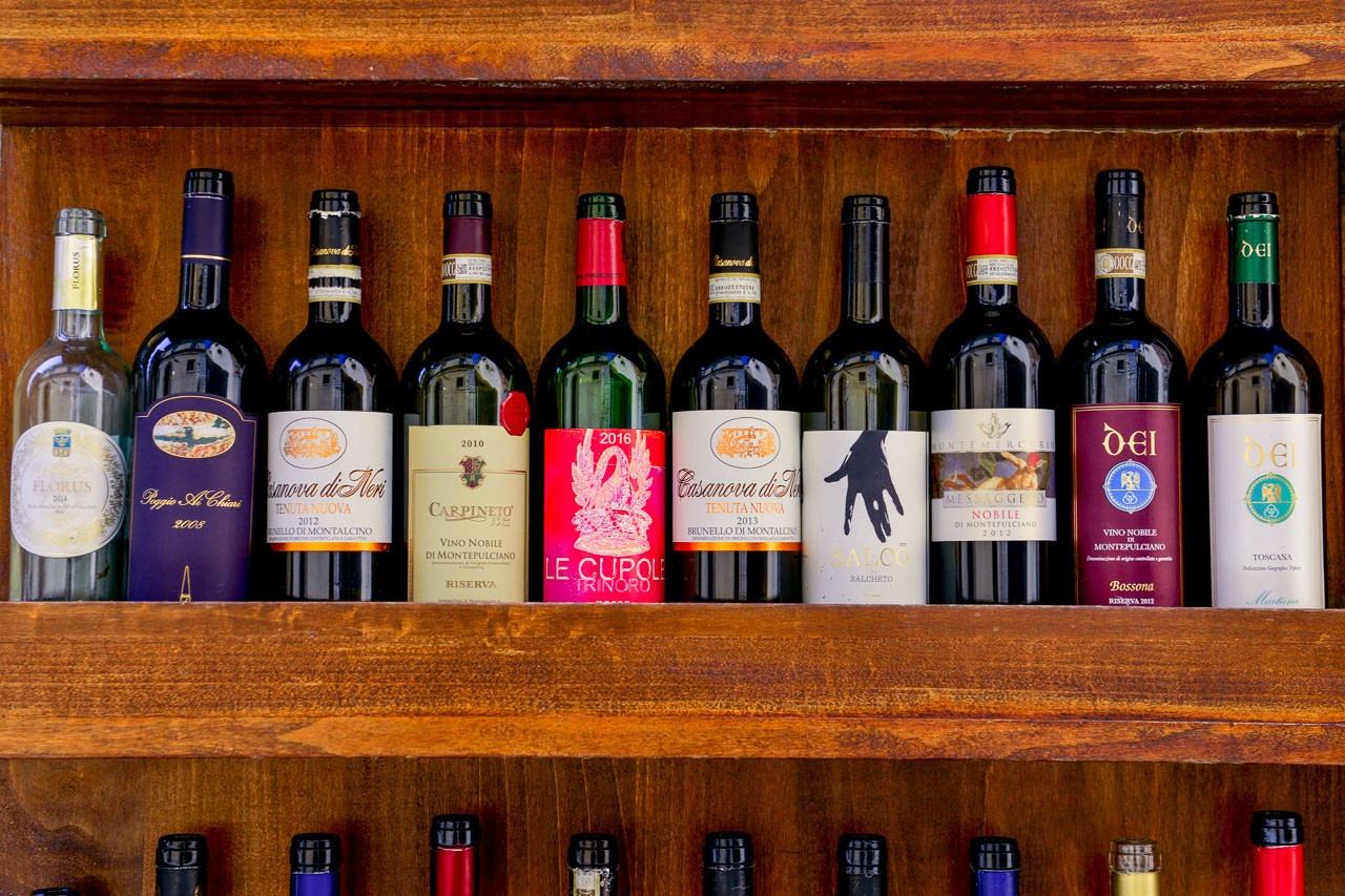 Shelf with wines from Montepulciano