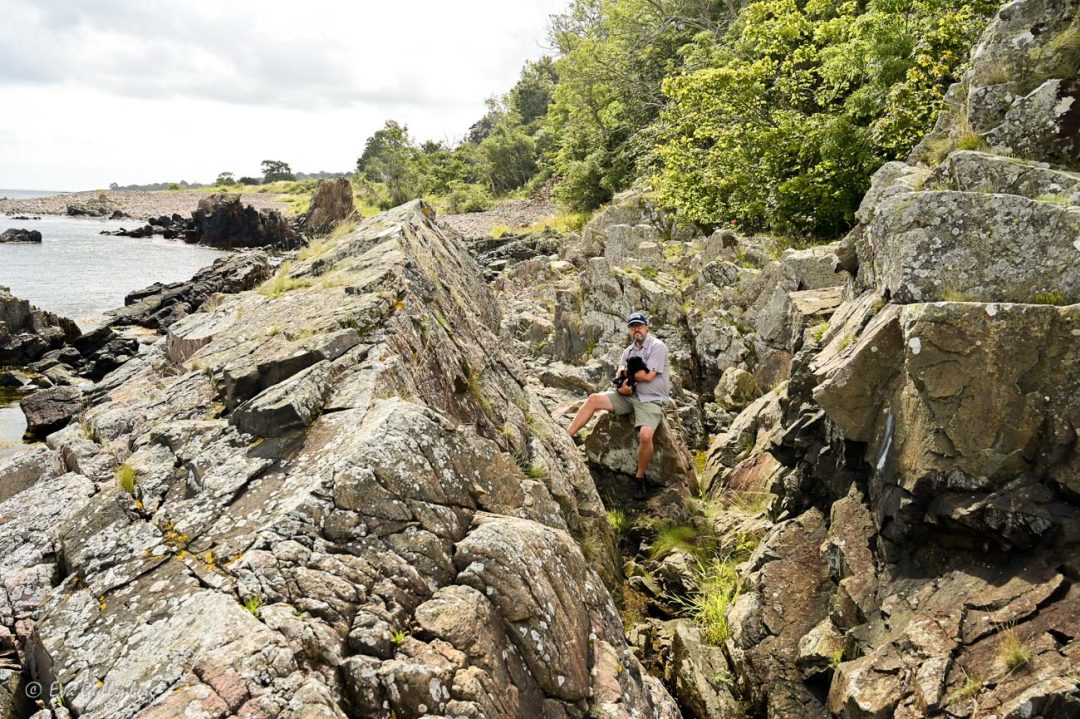 Man med hund vid klippor vid havet