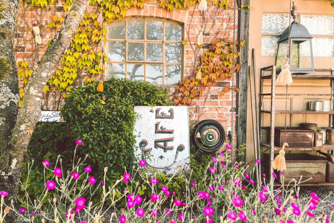 Blommor och en caféskylt vid Lillaro cafe Bjärehalvön