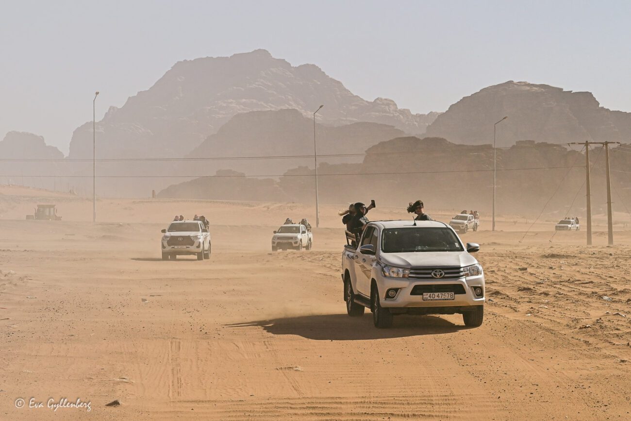 Vita bilar kör i ökendamm i Jordanien