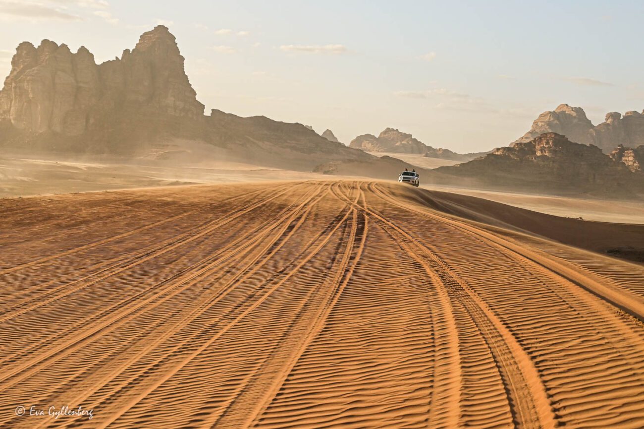 Bilspår i sanden i öknen och en bil på långt håll i Wadi Rum