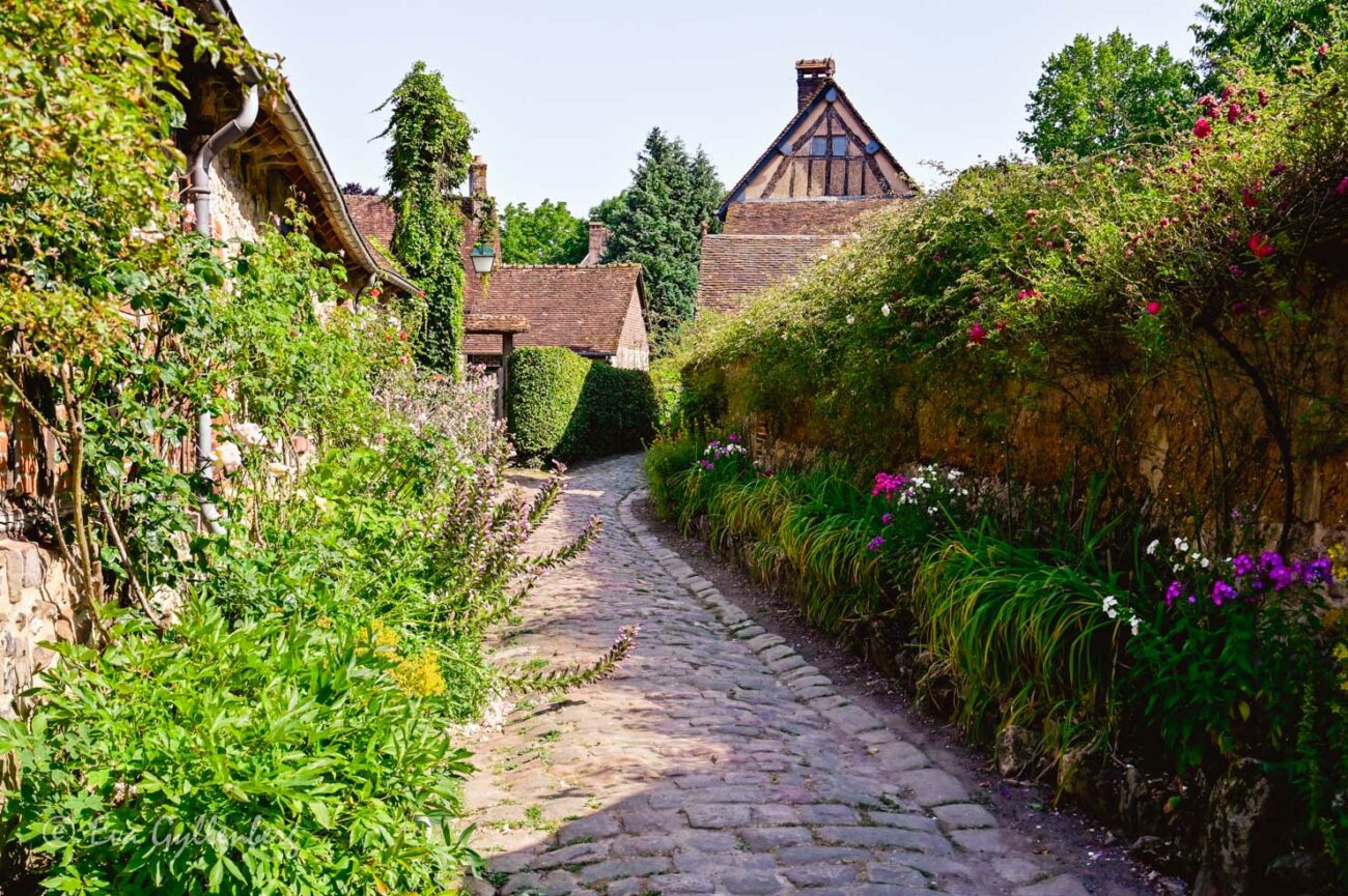 Gränd med kullerstenar och blomstrande murar