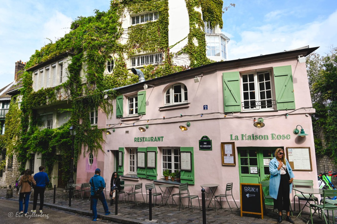 De rosa husen utefter Rue de l'Abreuvoir i Montmarte