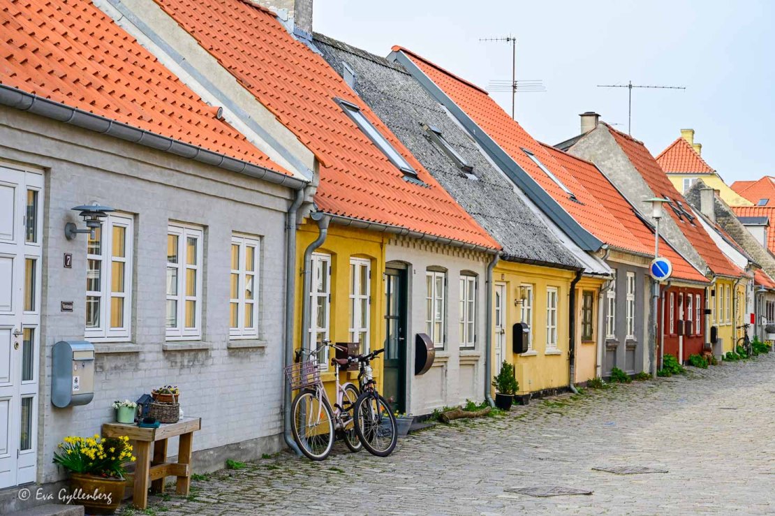 Medeltida gata med färgglada hus 