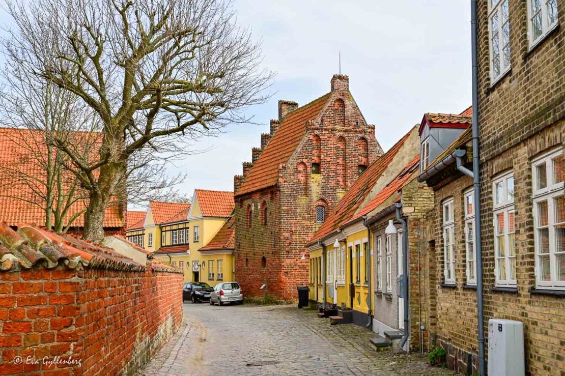 Medeltida gata med färgglada hus i Kalundborg