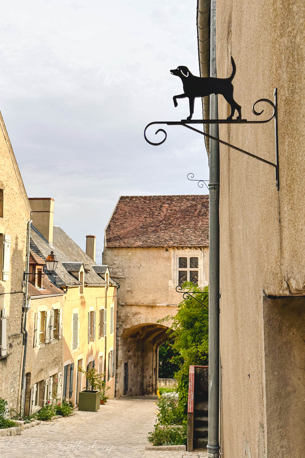 En snidad skylt med en hund i Vezelay