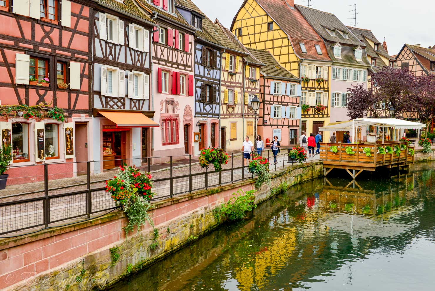 Korsvirkeshus på rad vid kanal i Colmar